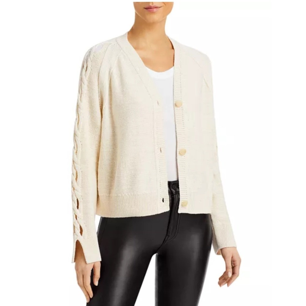 Lafayette 148 Cream Braid Metallic Shimmer Cardigan‎ Sweater XL Elevated Basic